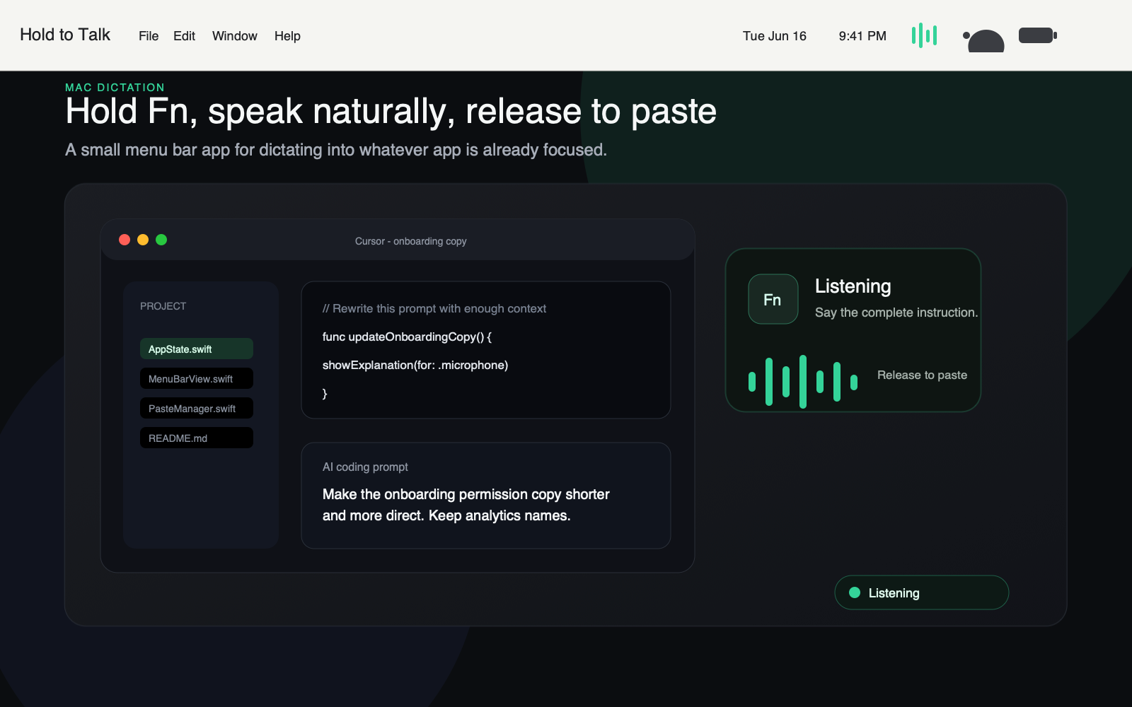 Hold to Talk menu bar icon active while listening