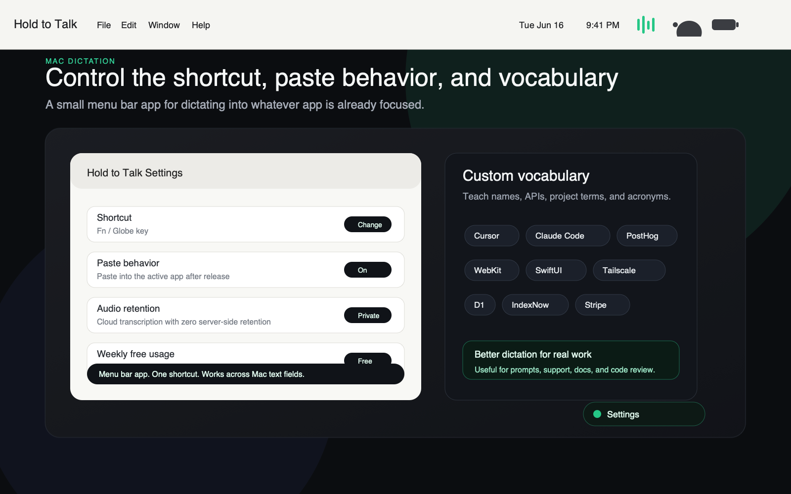 Hold to Talk menu bar settings and vocabulary controls